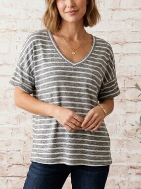 Sonoma Striped V-Neck Short Sleeve Top Heathered Gray & White